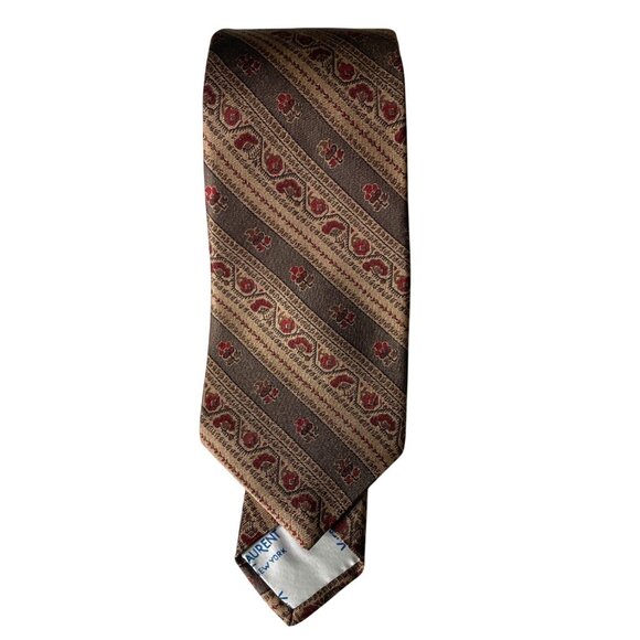 Vintage Yves Saint Laurent Men's Vintage Floral and Stripes Silk Tie Brown & Red - Picture 5 of 6